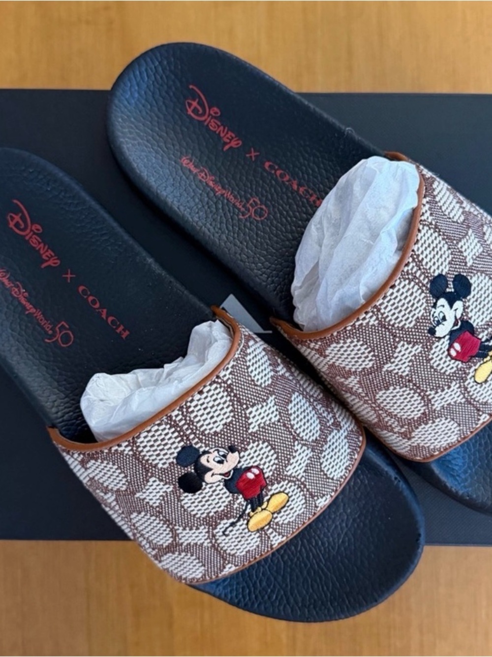 Coach Brown Mickey Mouse Signature Slide Sandals with Black Footbed